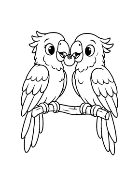Two cute parrots sharing a berry while perched on a short branch.