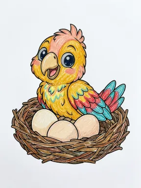 Baby Parrot in a Nest Coloring Page colored with AI in crayon style