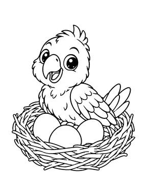 A cute baby parrot sitting in a nest beside three eggs.