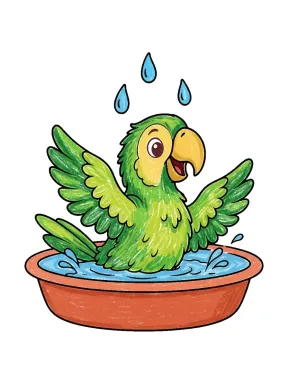 Parrot Taking a Bath Coloring Page colored with AI in crayon style