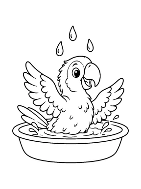 A cute parrot splashing in a shallow round basin.