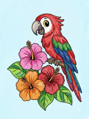 Parrot with Hibiscus Flowers Coloring Page, colored example