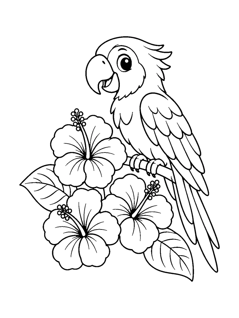 A cute parrot perched beside hibiscus flowers and broad leaves.