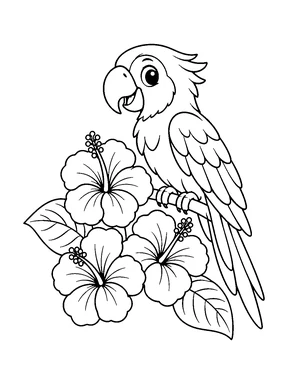 A cute parrot perched beside hibiscus flowers and broad leaves.