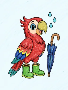 Parrot in Rain Boots Coloring Page colored with AI in crayon style