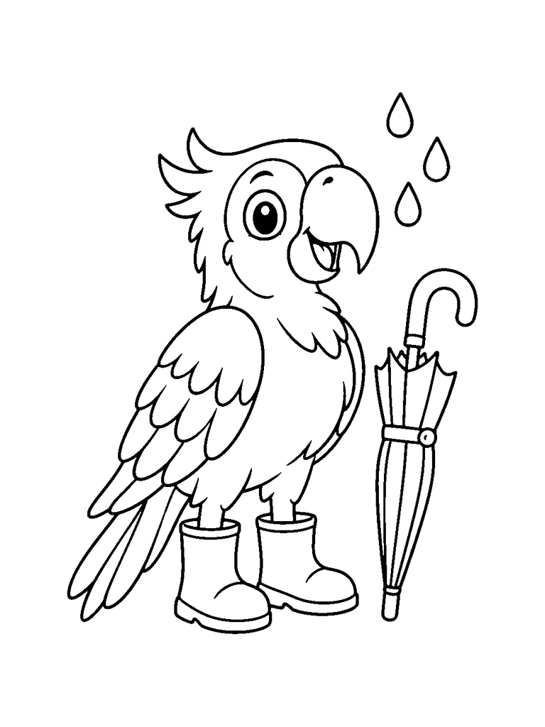 A cute parrot in rain boots beside a closed umbrella as raindrops fall.