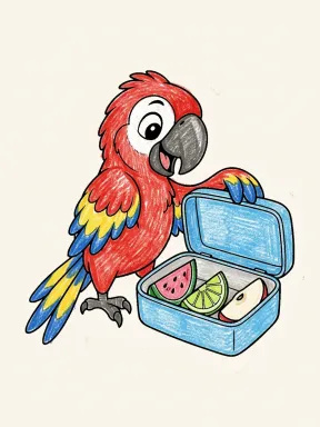 Parrot Lunch Box Coloring Page colored with AI in crayon style
