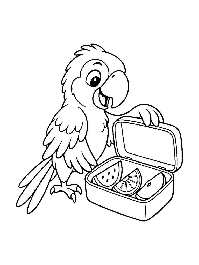 A cute parrot opening a lunch box with fruit slices inside.