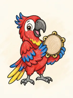 Parrot with a Tambourine Coloring Page colored with AI in crayon style