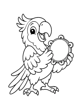 A cute parrot playing a small tambourine.