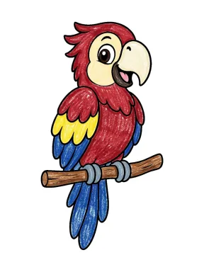 Parrot on a Branch Coloring Page colored with AI in crayon style