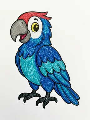 Standing Parrot Coloring Page colored with AI in crayon style