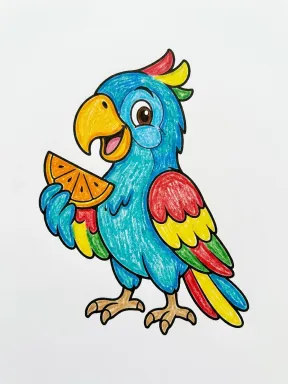 Parrot with a Fruit Slice Coloring Page colored with AI in crayon style