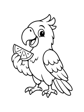 A parrot holding a simple fruit slice.