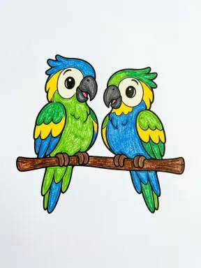 Parrot Pair on a Branch Coloring Page colored with AI in crayon style