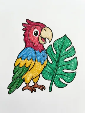 Parrot and Tropical Leaf Coloring Page colored with AI in crayon style