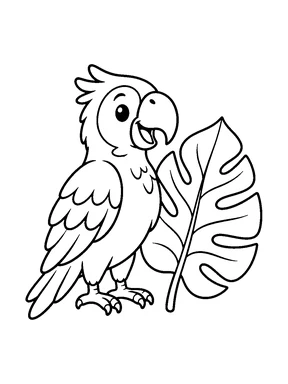 A parrot beside a large tropical leaf.