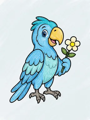 Parrot Holding a Flower Coloring Page colored with AI in crayon style