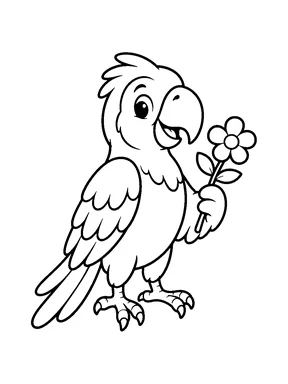 A parrot holding a flower.