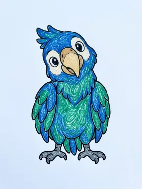 Parrot with a Tilted Head Coloring Page colored with AI in crayon style