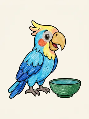 Parrot and Bowl Coloring Page colored with AI in crayon style
