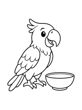 A parrot beside an empty bowl.