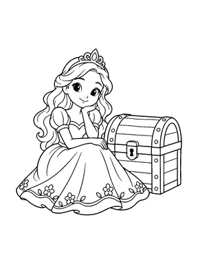 A cute princess sitting beside a large closed treasure chest, with simple flowers trimming her gown.