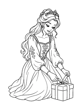 A storybook princess in a long-sleeved gown kneeling to tie a ribbon around a small gift box.