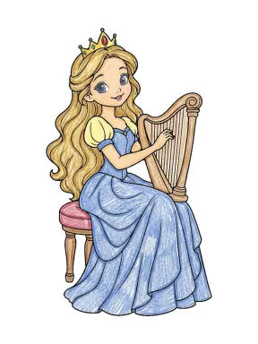 Princess Playing the Harp Coloring Page colored with AI in crayon style