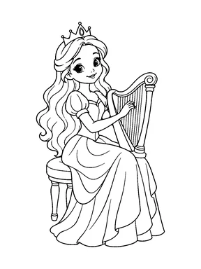 A cute princess sitting on a round stool while playing a small harp.