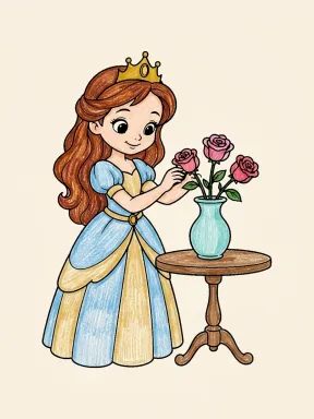 Princess Arranging Roses Coloring Page colored with AI in crayon style
