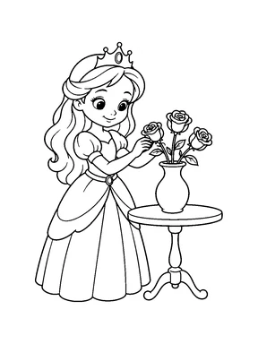A cute princess arranging three roses in a vase on a small table.
