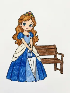 Princess with a Parasol Coloring Page colored with AI in crayon style
