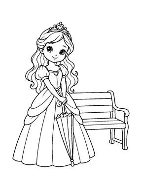 A cute princess holding a closed parasol beside a garden bench.