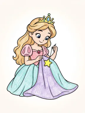 Princess Sewing a Star Patch Coloring Page colored with AI in crayon style