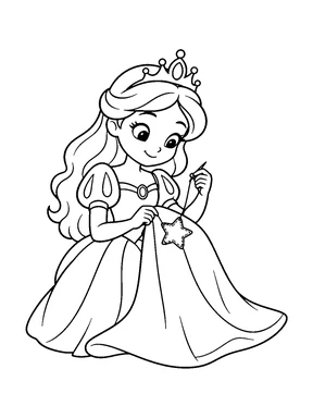A cute princess sewing a star-shaped patch onto the fabric in her lap with a needle and thread.