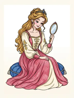 Princess with a Hand Mirror Coloring Page colored with AI in crayon style