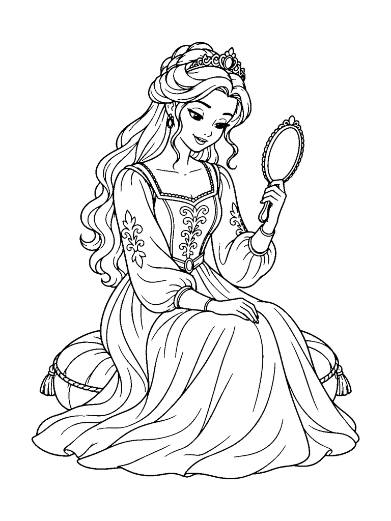 A cute princess holding a hand mirror while sitting on a round cushion.