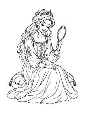 A cute princess holding a hand mirror while sitting on a round cushion.