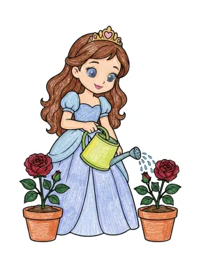 Princess Watering Roses Coloring Page colored with AI in crayon style