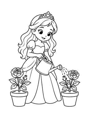 A cute princess watering two potted rose plants with a watering can.