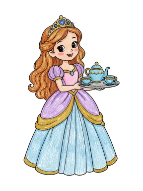 Princess Serving Tea Coloring Page colored with AI in crayon style