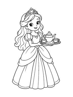 A cute princess carrying a tray with a teapot and two teacups.