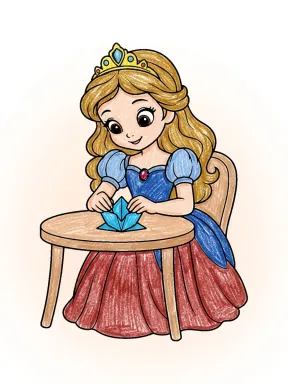Princess Origami Craft Coloring Page colored with AI in crayon style