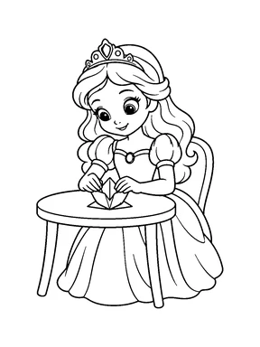 A cute princess folding a piece of origami paper at a small table.