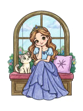Princess and Cat Window Seat Coloring Page colored with AI in crayon style
