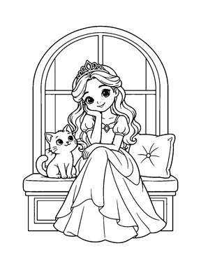 A cute princess sitting on a window seat beside a small cat and a cushion.