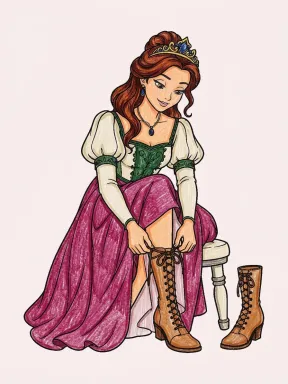 Princess Lacing Her Boots Coloring Page colored with AI in crayon style