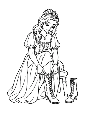 A cute princess lacing a boot while sitting on a low stool, with the other boot beside her.