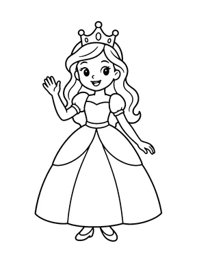A princess waving in a simple bell-shaped gown.